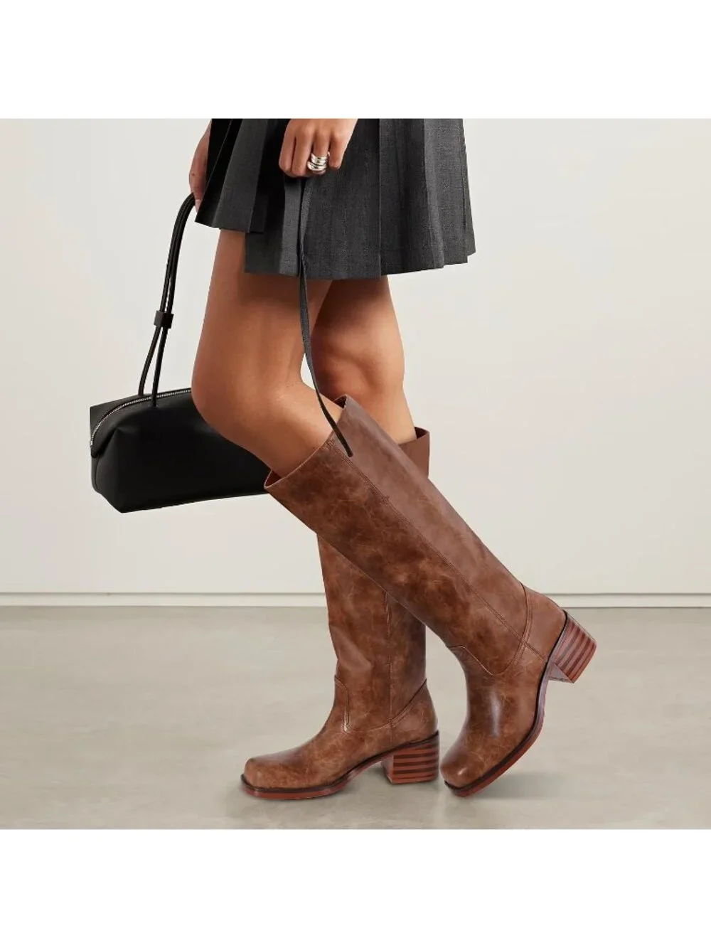 Women's Brown Chunky Block Heel Square Toe Going Out Knee High Riding Boots